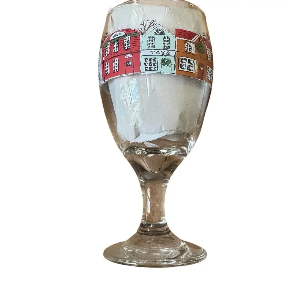 Set of 3 Christmas‎ Village Wine Glasses Holiday Goblets Hand Painted Houses